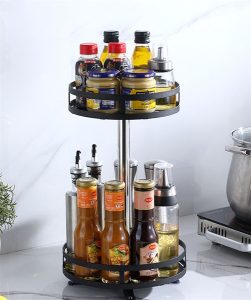 Kệ gia vị xoay 360 độ 2 tầng tròn bằng sắt sơn tĩnh điện mẫu mới
