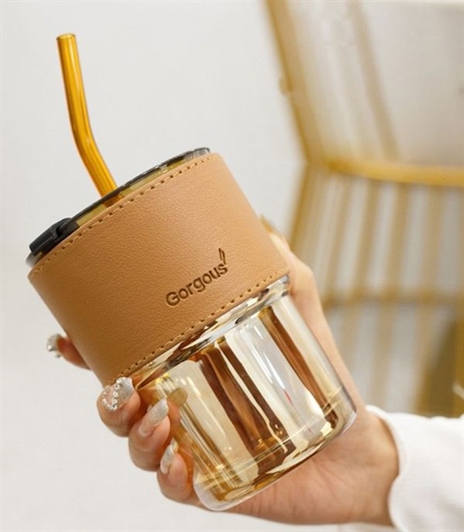 Cốc thuỷ tinh bọc da kèm ống hút 450ml