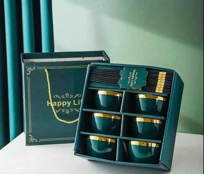 Bộ 6 chén sứ viền vàng kèm đũa sang trọng màu xanh