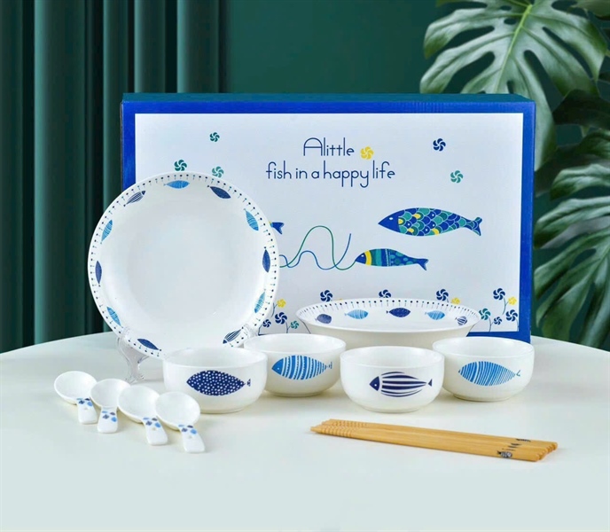 Bộ Chén Dĩa Sứ Kiểu Nhật 14 Món, Hình Con Cá