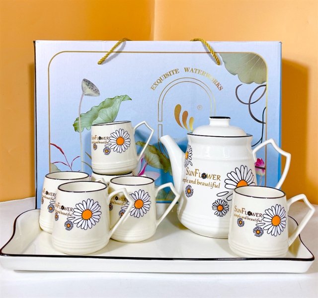 Bộ ấm trà 6 ly phong cách Châu Âu kèm khay