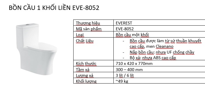 Bộ bàn cầu 1 khối liền Everest EVE-8052