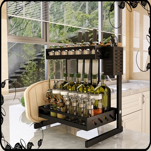 kệ gia vị 2 tầng có chỗ để dao thớt bằng thép đen