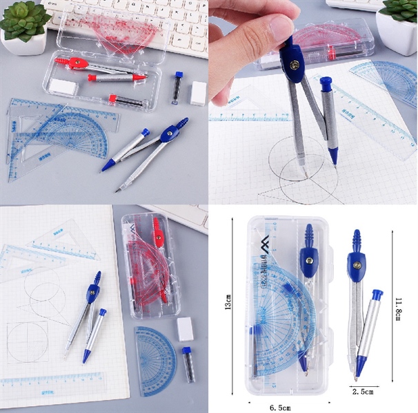 Bộ dụng cụ học tập gồm thước, compa, gôm tẩy 7 món
