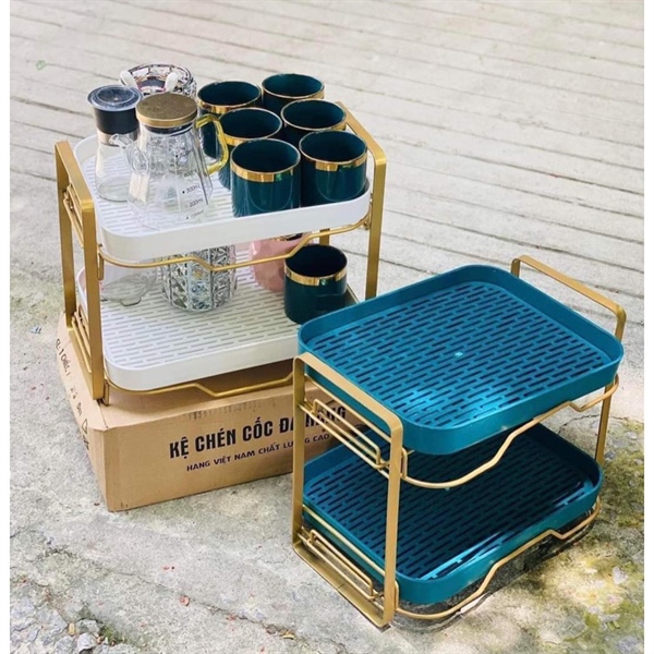 Kệ úp ly cốc 2 tầng viền vàng