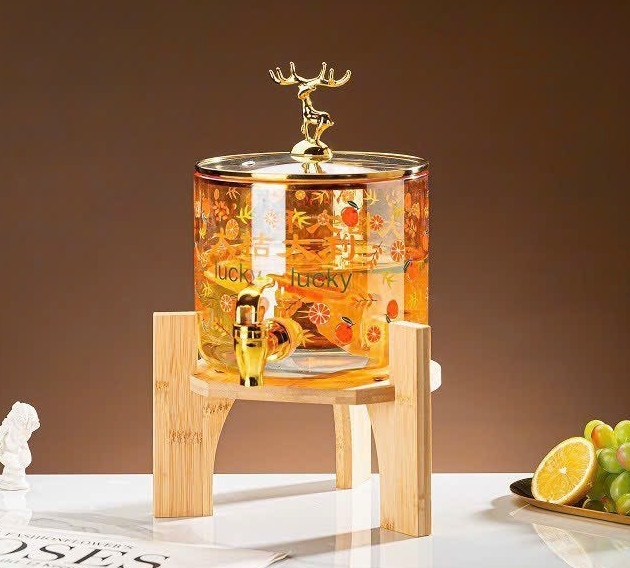 Bình thuỷ tinh nắp hươu có vòi dung tích 2.6L kèm giá gỗ