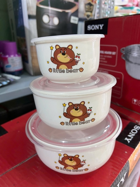 Bộ 3 thố sứ có nắp hít chân không họa tiết ngẫu nhiên