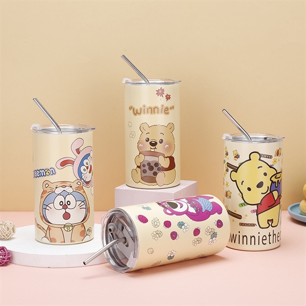 Ly giữ nhiệt inox 5D hoạt hình dễ thương kèm ống hút