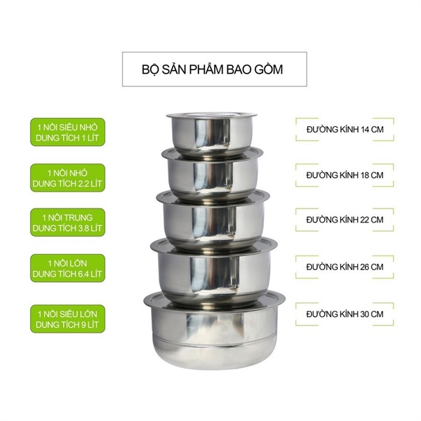 Bộ nồi inox 5 món mã mới