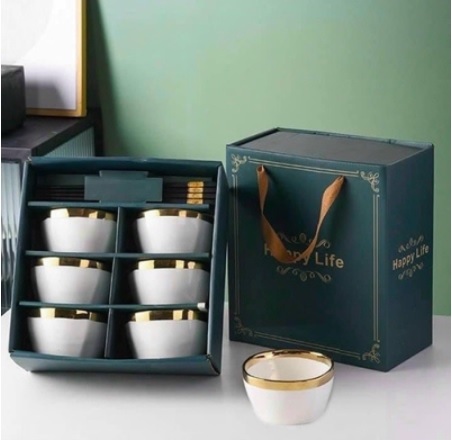 Bộ 6 chén sứ viền vàng kèm đũa sang trọng màu trắng