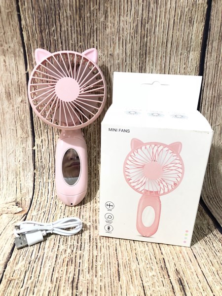 Quạt cầm tay có tai mèo màu hồng có gương