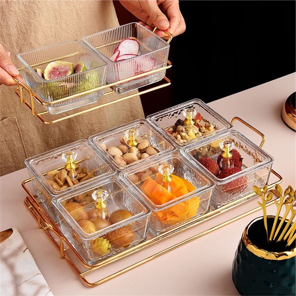 khay mứt 6 ngăn thuỷ tinh kèm 6 nĩa viền mạ vàng sang trọng