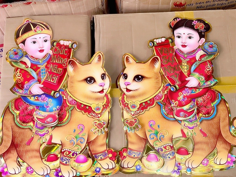 Bộ 2 tranh dán cửa tết 2023 tiên đồng cưỡi mèo 60cm (size trung)