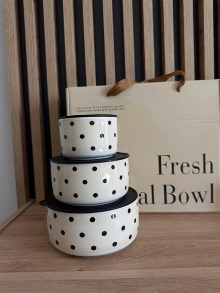 Bộ 3 thố sứ hoa tiết chấm bi có nắp đậy