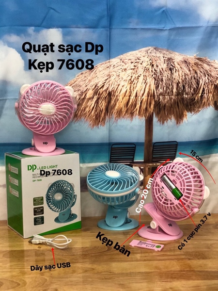 quạt sạc kẹp bàn dp 7608 cao cấp bảo hành 6 tháng