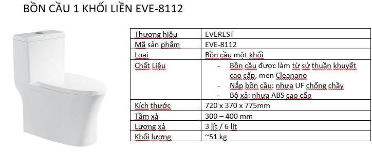 Bộ bàn cầu 1 khối liền Everest EVE-8112