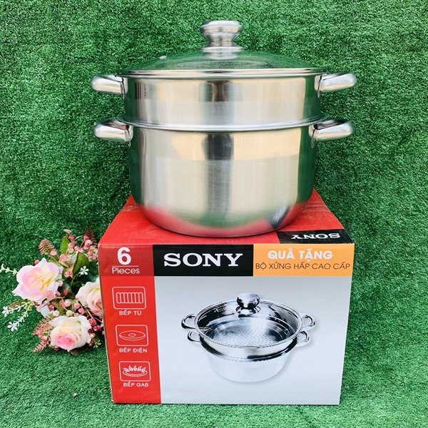 Nồi hấp 2 tầng Sony size 26cm nắp kính