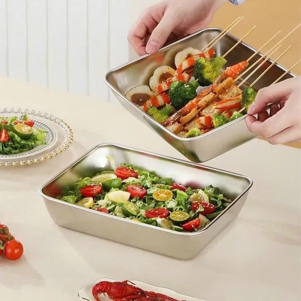 khay inox đựng thức ăn size to kèm nắp đậy 25cmx19.5cmx5cm