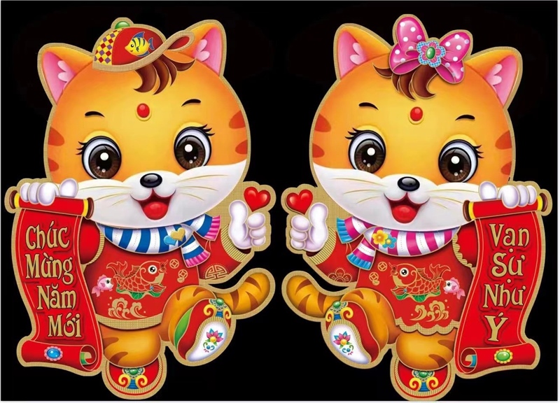 Bộ 2 tranh dán cửa tết hình mèo 2023 size 30cm (nhỏ hơn)