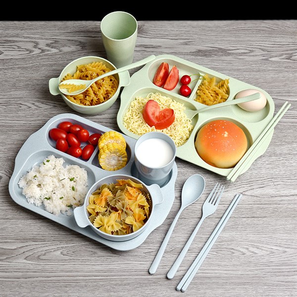 Bộ khay ăn dặm lúa mạch cho bé 6 món (khay + bát + cốc + thìa + đũa + nĩa)