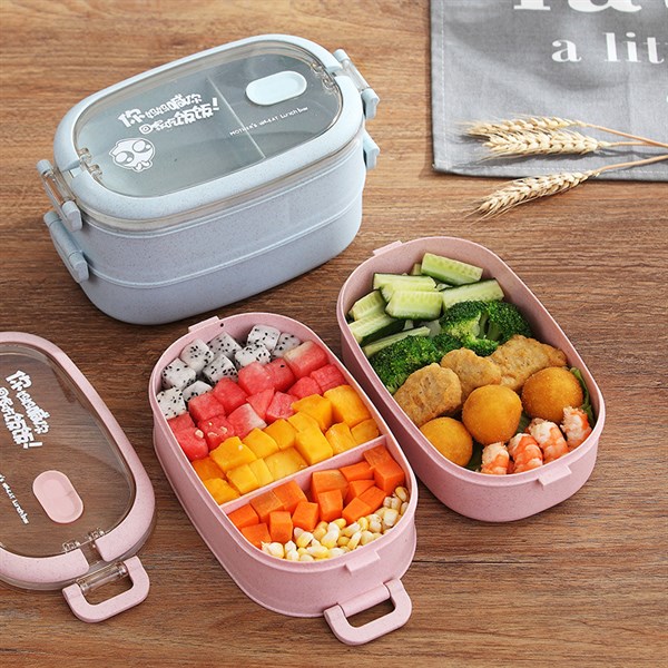Hộp cơm 2 tầng lúa mạch gồm muỗng, đũa, nĩa cao cấp
