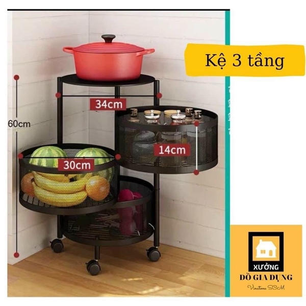 Kệ sắt 3 tầng xoay tròn có bánh xe