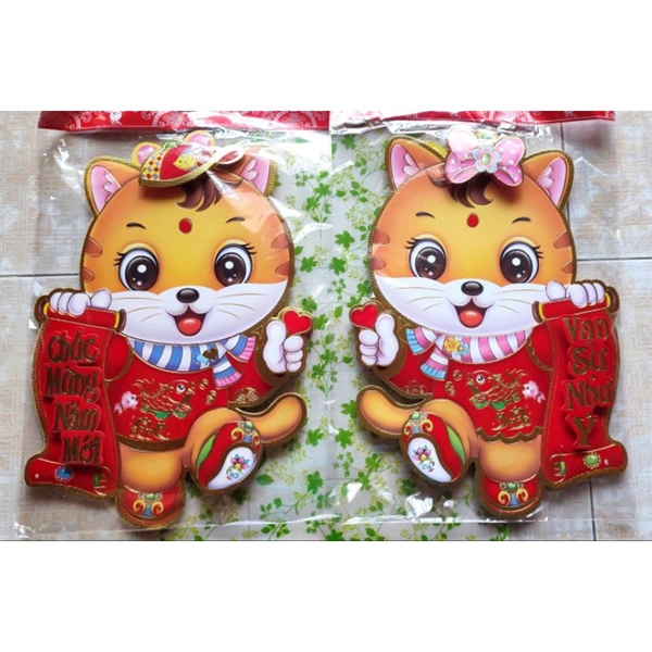 Bộ 2 tranh dán cửa tết hình mèo 2023 size 80cm siêu to