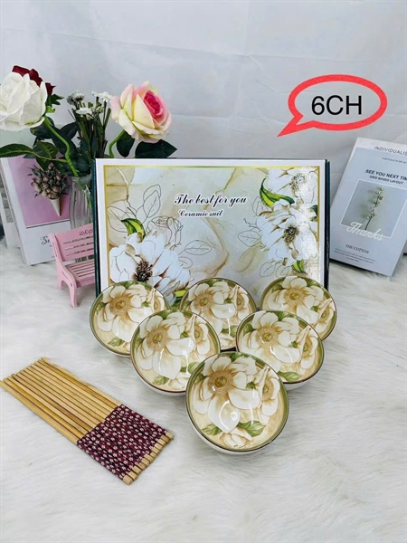set 6 chén sứ và đũa họa tiết hoa