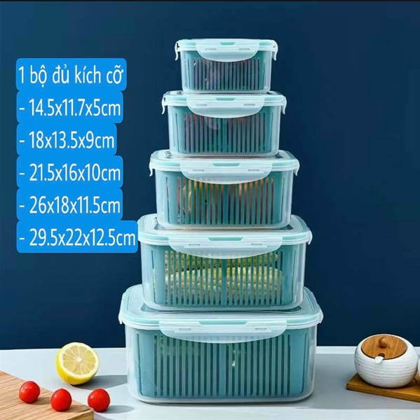 Bộ 5 hộp nhựa kèm rổ cao cấp đựng thực phẩm