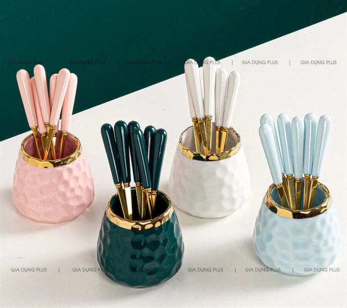 cốc sứ kèm 6 nĩa hoàng kim cao cấp