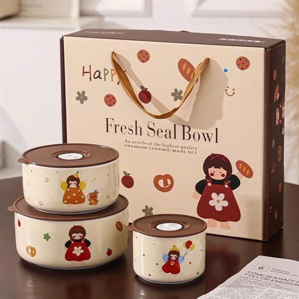 Bộ 3 thố sứ màu nâu hoa tiết cô gái