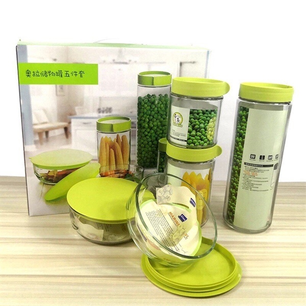 Bộ Hộp Thủy Tinh Đựng Gia Vị Đa Năng 5 món nắp xanh